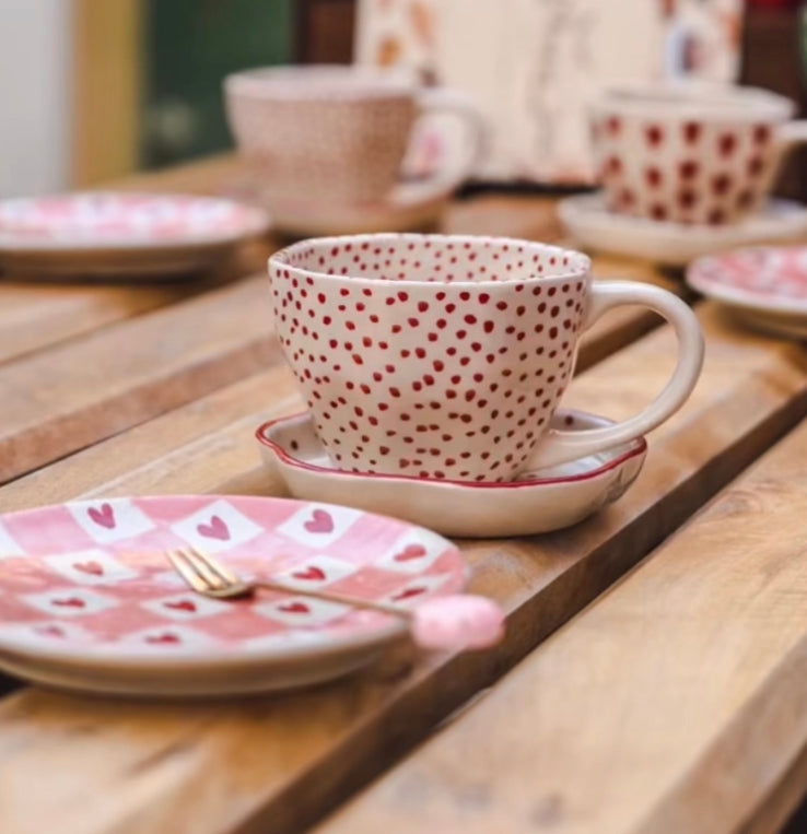 handmade red polka mug & dessert plate made by ceramic 