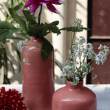 Handmade ceramic two pink vases with flowers