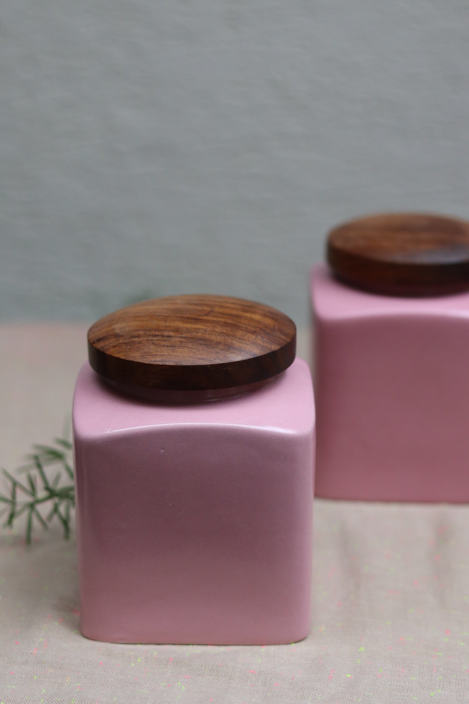 Handmade ceramic square jars with wooden lid
