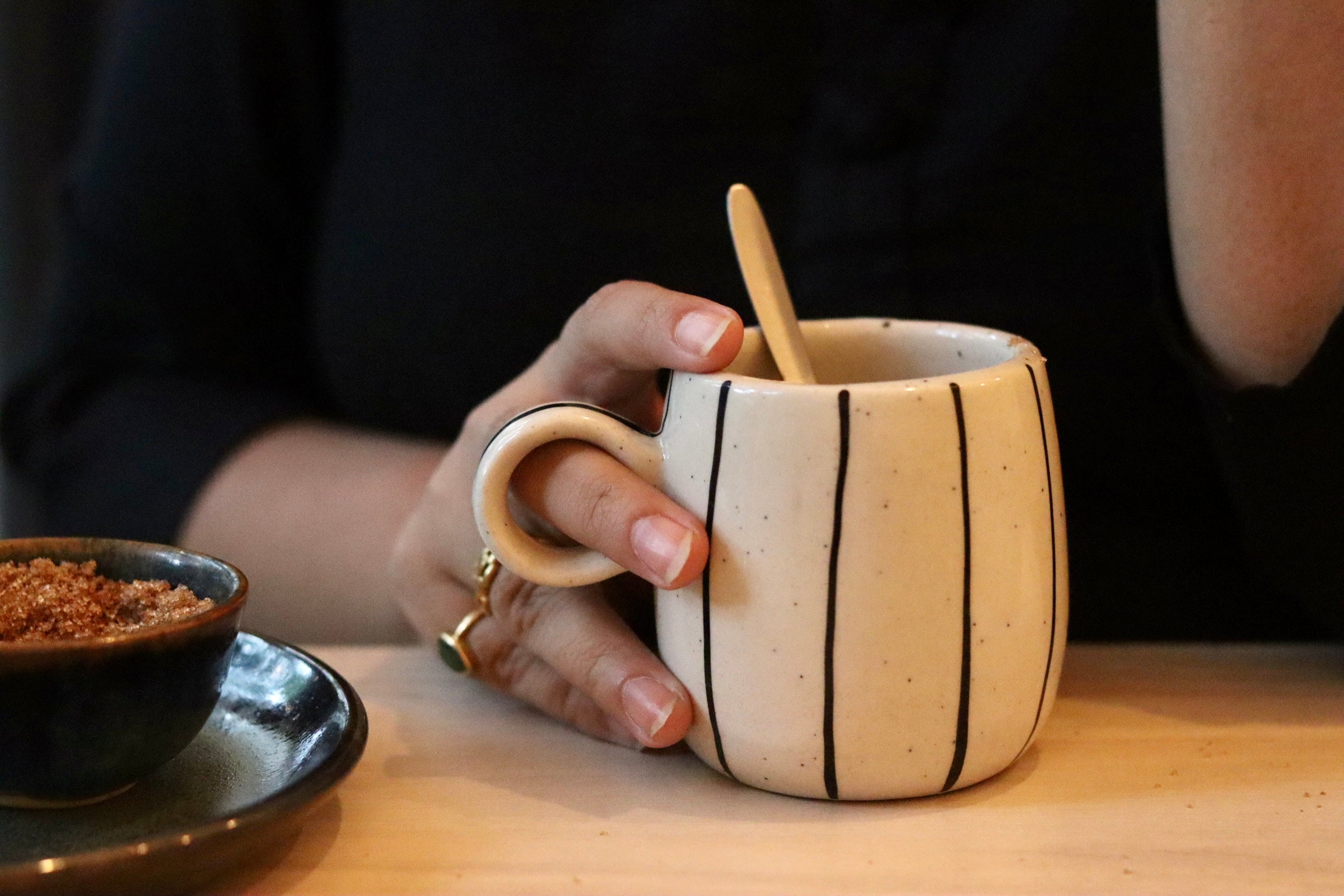 handmade Black Lined mug with spoon