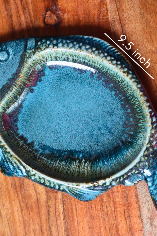 Top shot of blue fish platter