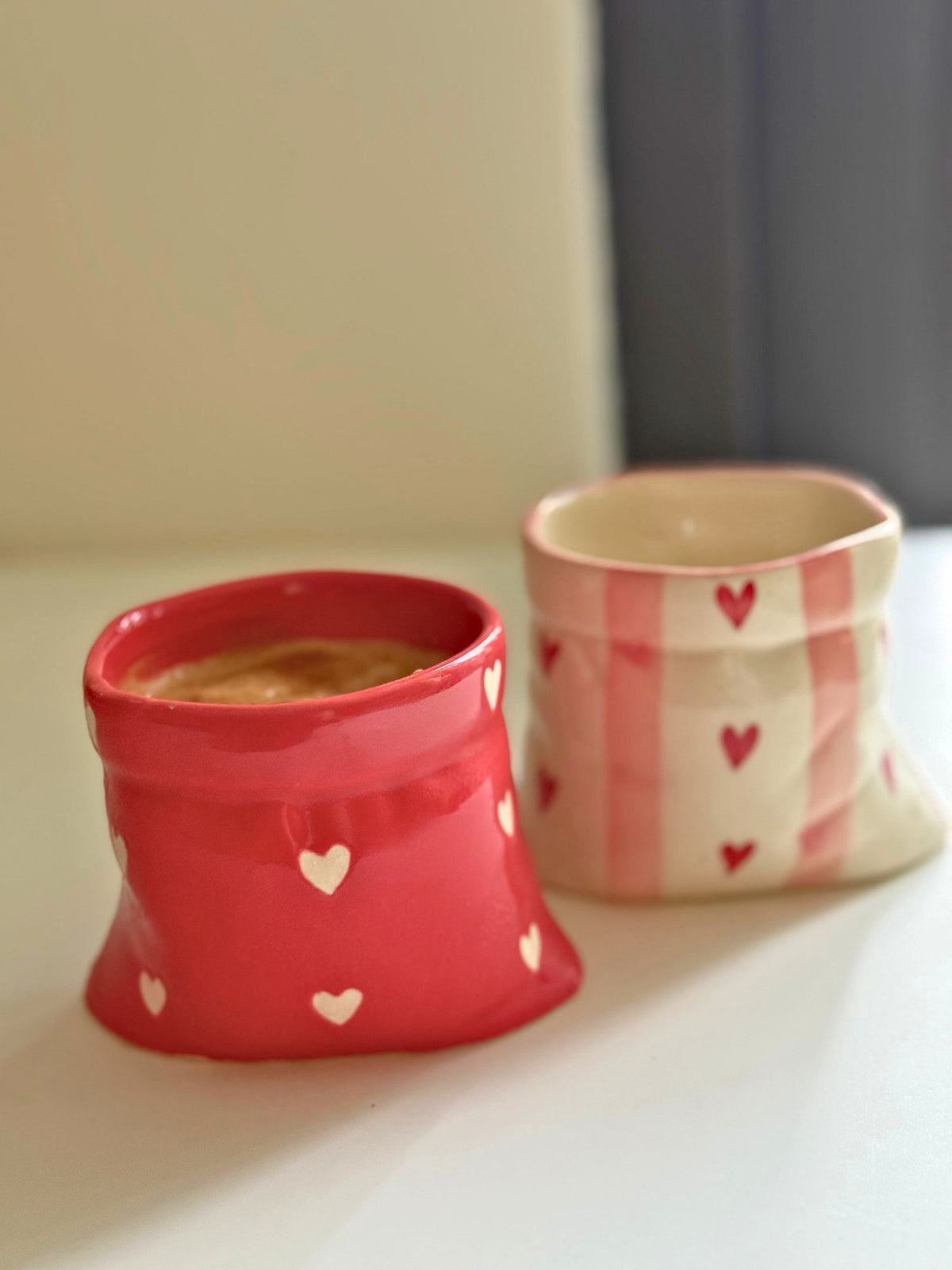 Lead free Set of 2 - Red Heart Pouch & Pink Striped Pouch Mugs Combo