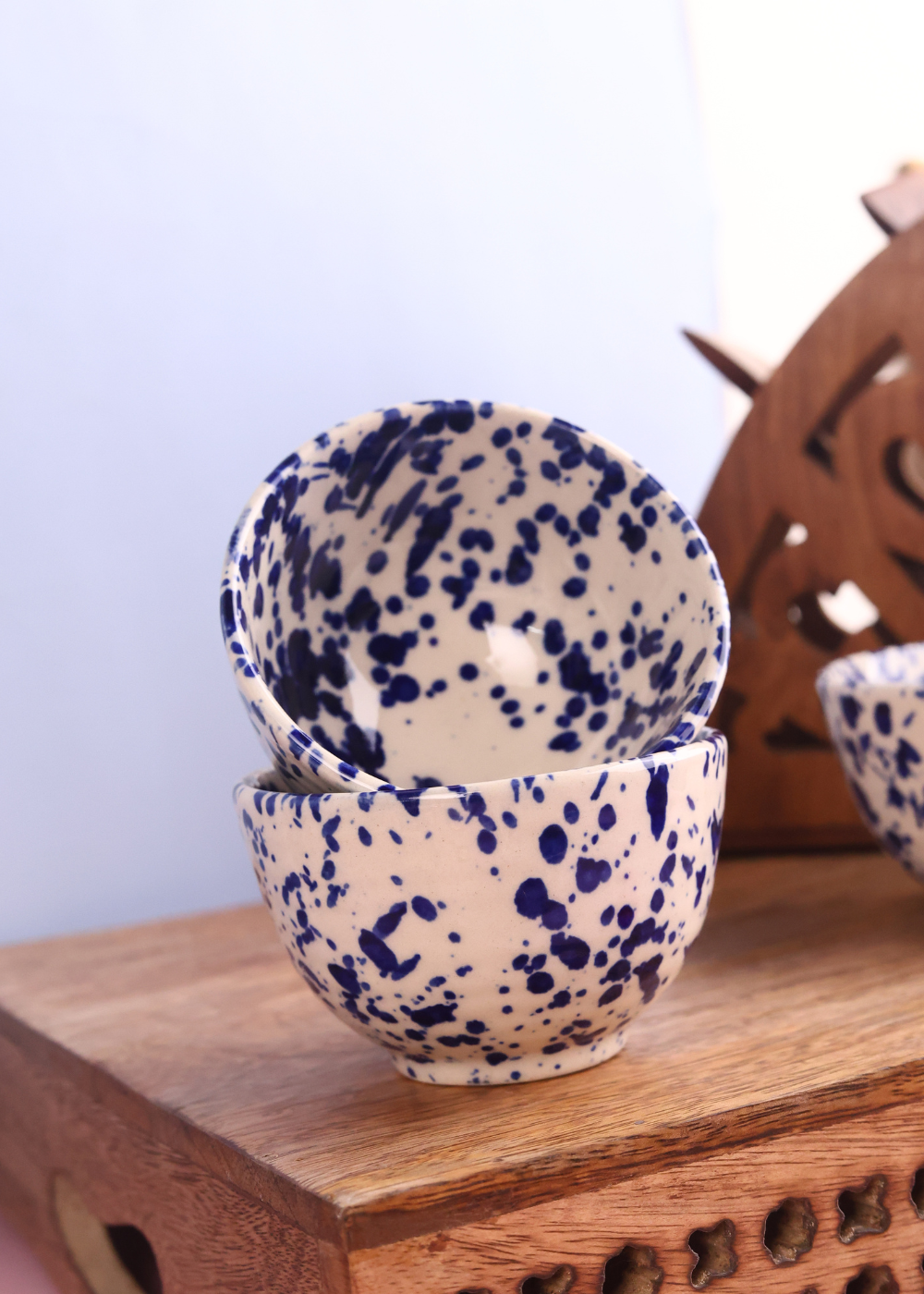 Blue flecked bowls on each other