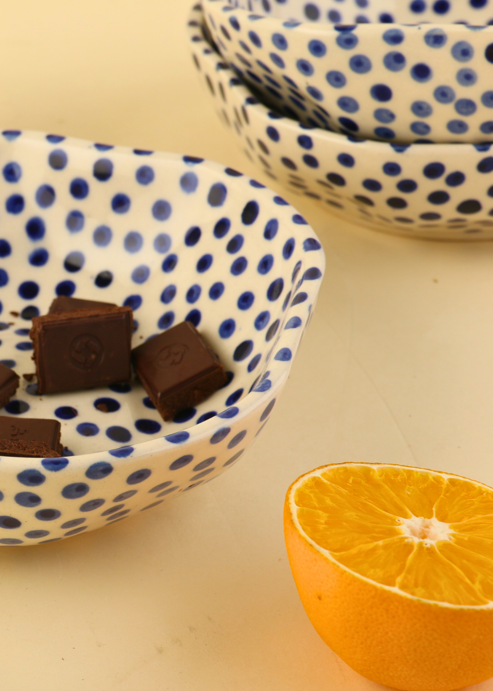 Handmade bowl blue polka with chocolate & orange