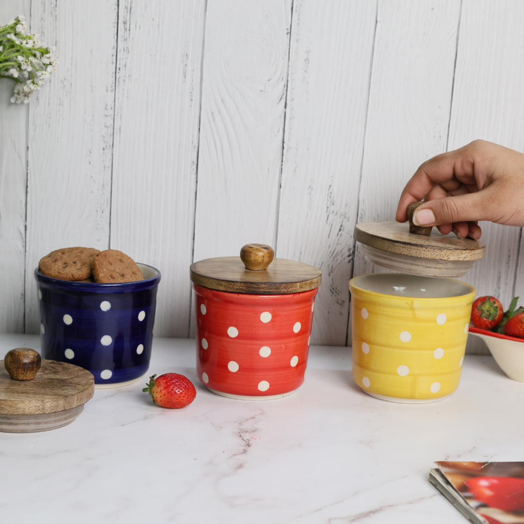 handmade polka jars set of three with wooden cover