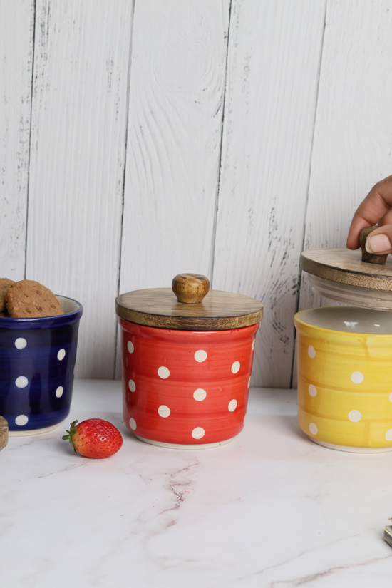 handmade polka jars set of three with wooden cover