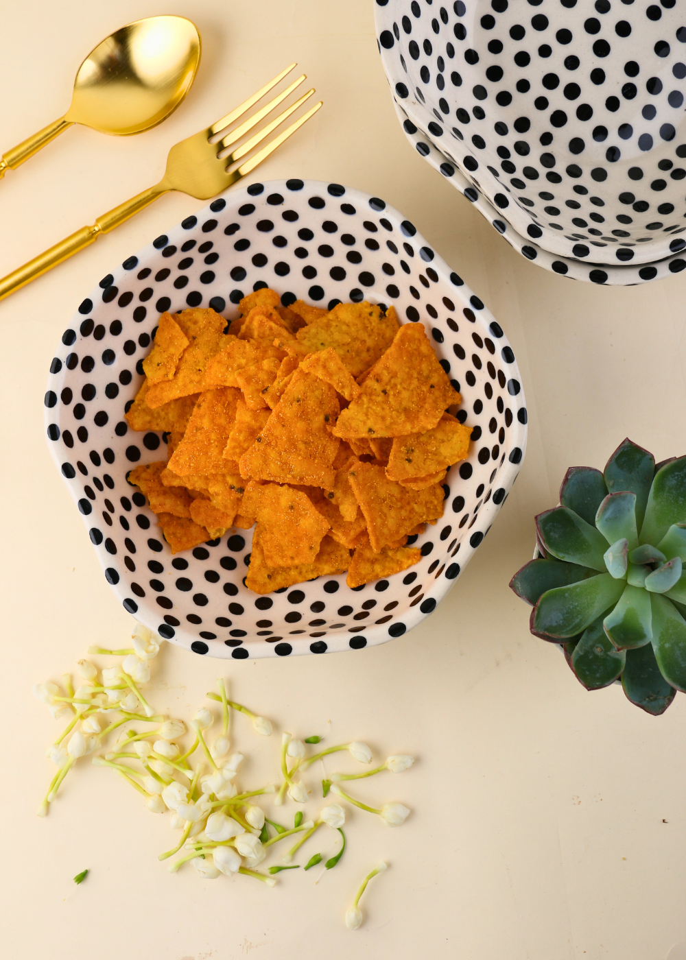 Black polka bowl with snacks in it
