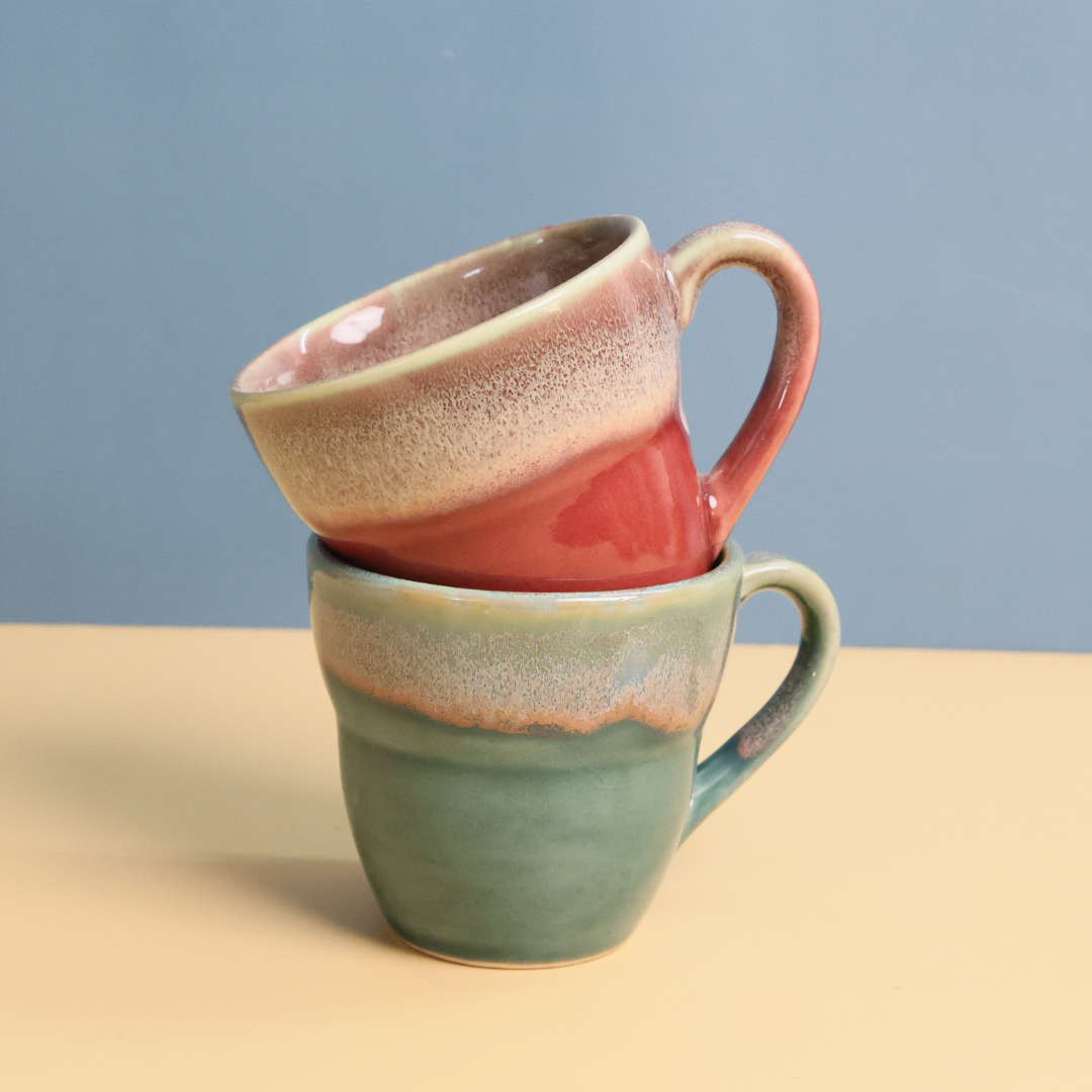teal moulded & rosy pink coffee mug made by ceramic 
