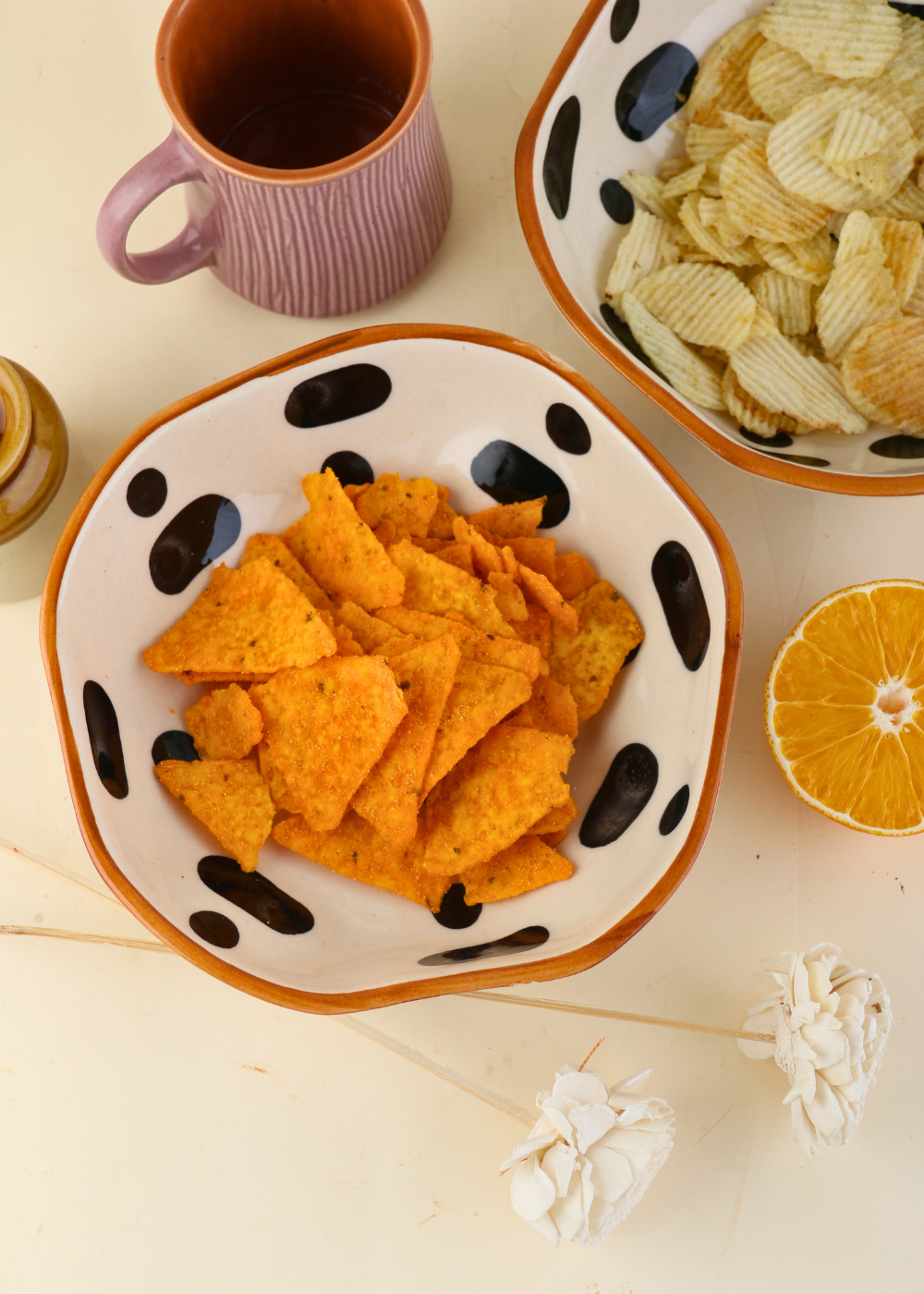 Handmade bowl with chips and snacks