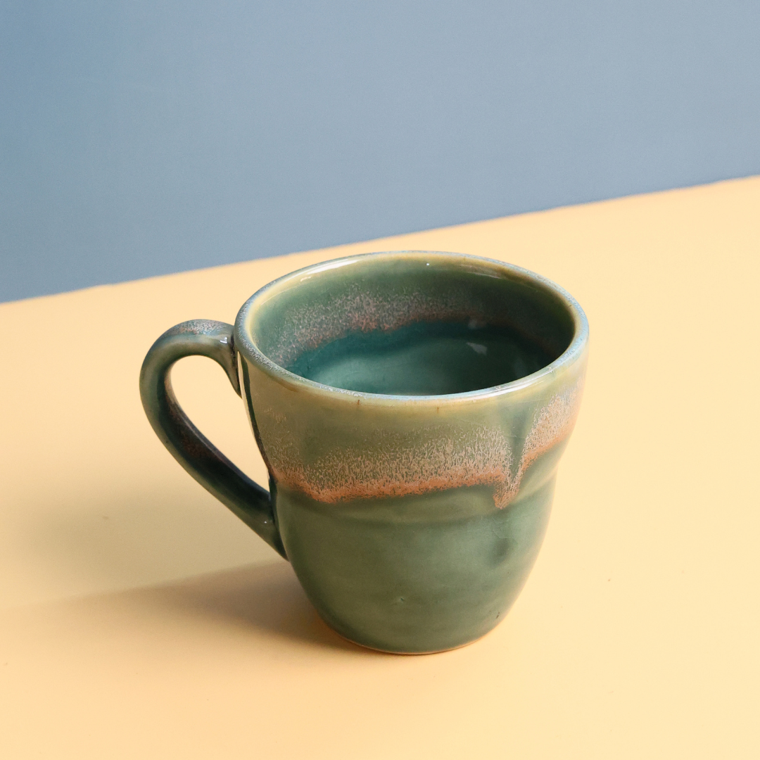 handmade teal moulded coffee mug, ceramic 