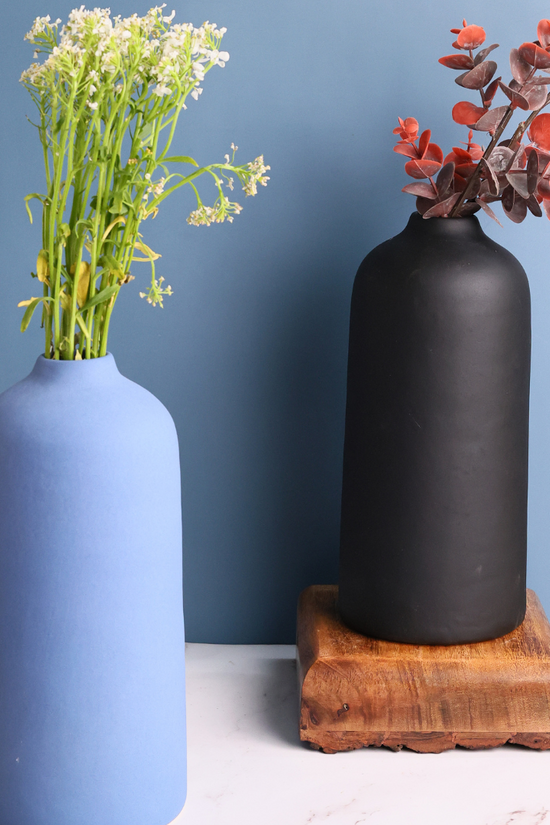 matte blue & black tall vase made by ceramic 