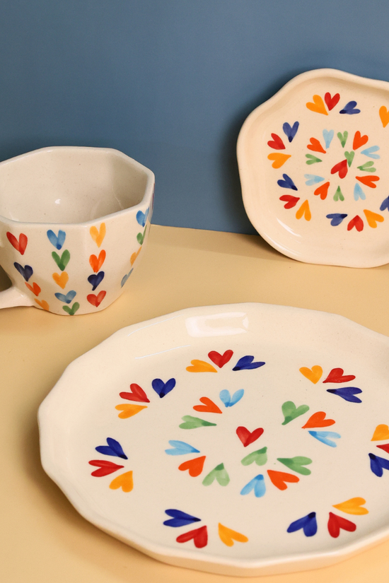 handmade loveislove coffee mug, snack plate & dessert plate set of three 