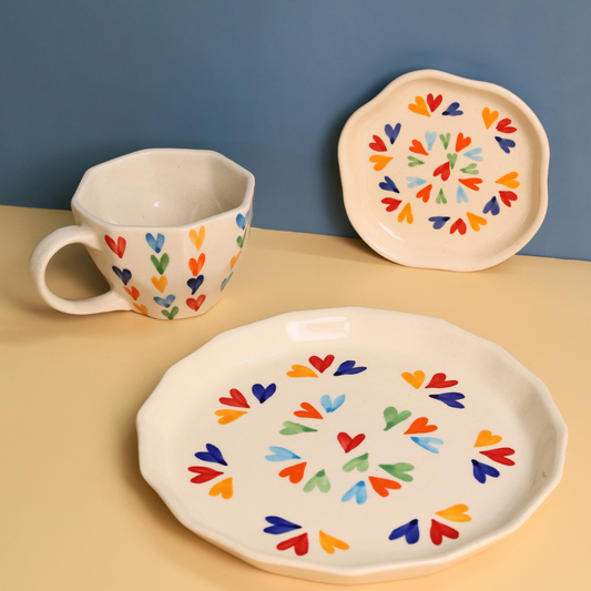 handmade loveislove coffee mug, snack plate & dessert plate set of three 