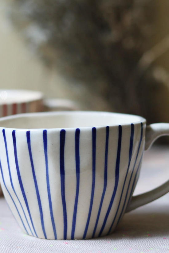 Blue lined coffee mugs handmade 