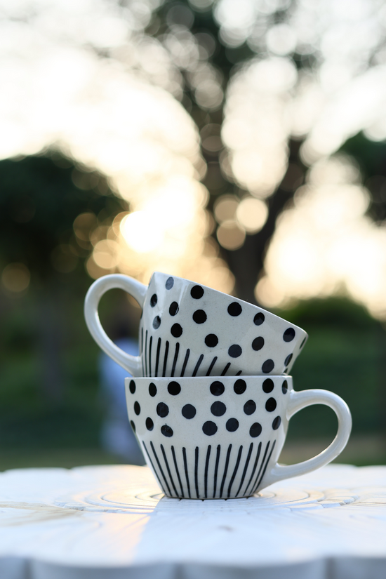 Black lines meet polka coffee mug in a garden