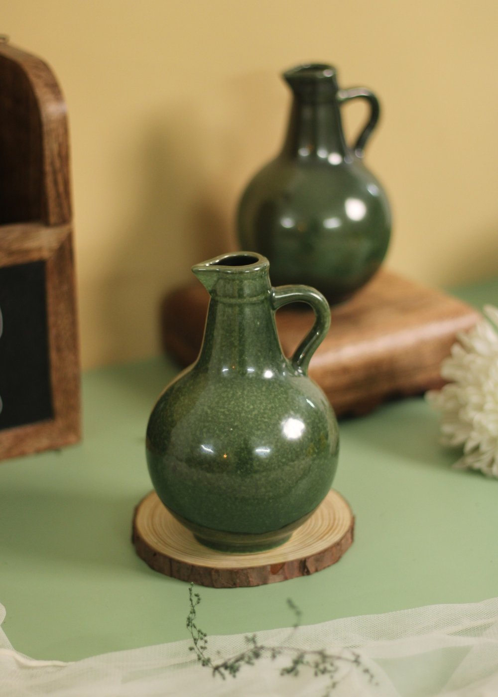 Handmade ceramic green vintage milk jug 