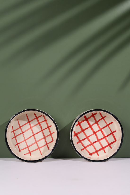 Red Checks Breakfast Bowl Handmade Ceramic 