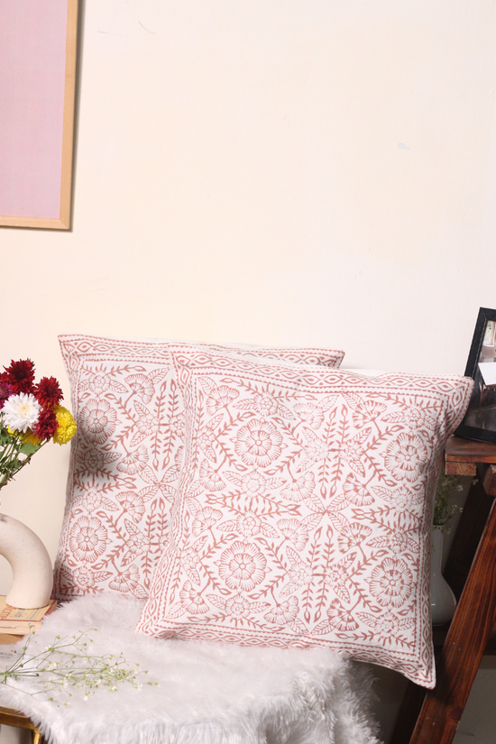 Rust Flower Block Printed Cushion Cover