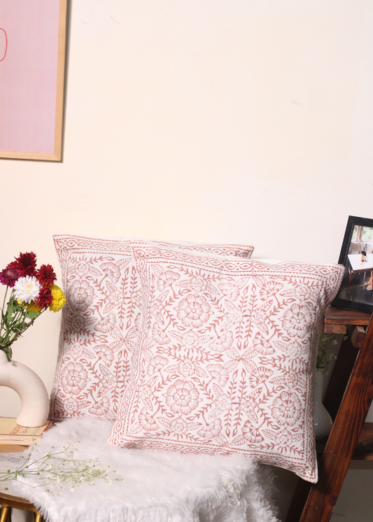 Rust Flower Block Printed Cushion Cover