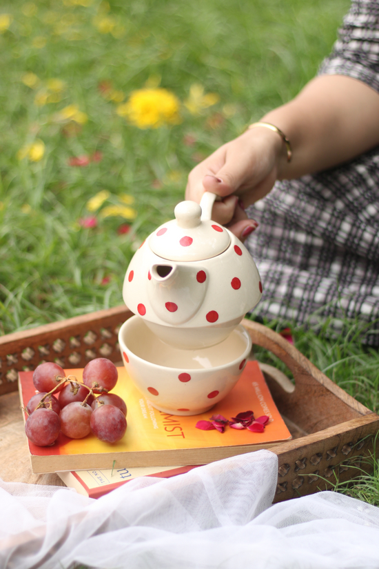 Red polka tea set handmade ceramic 