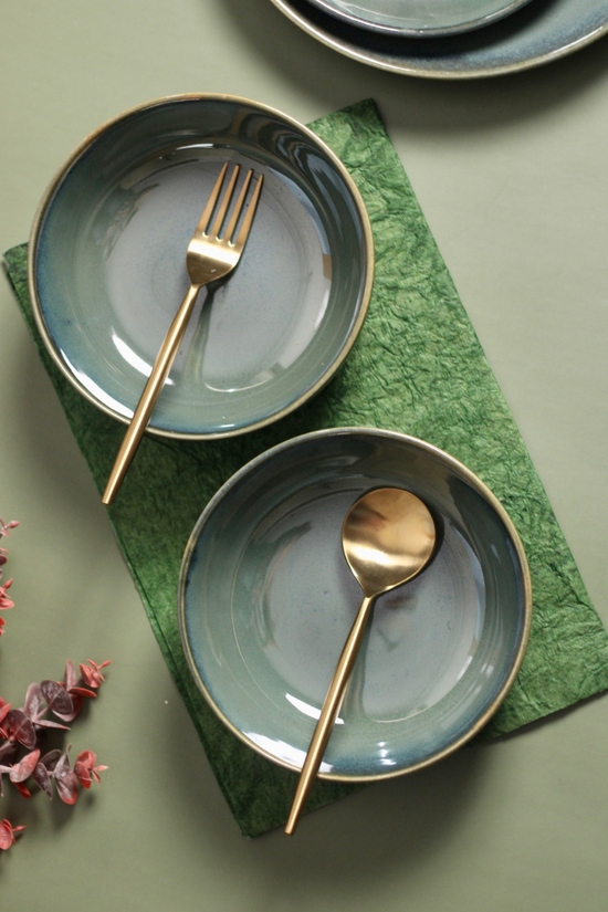 Handmade ceramic green curry bowls with cutleries 