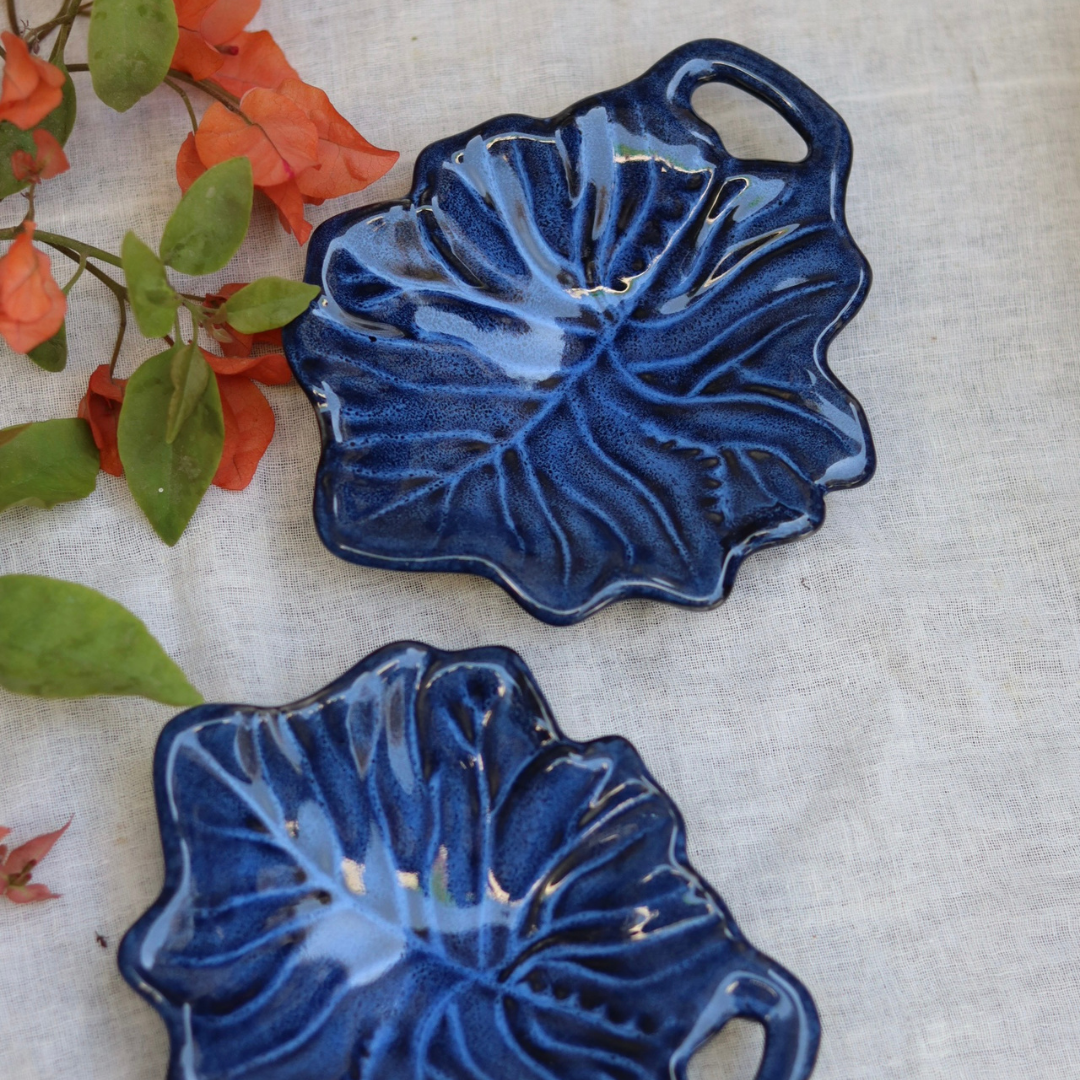 Blue leaf tea bag placement handmade ceramic