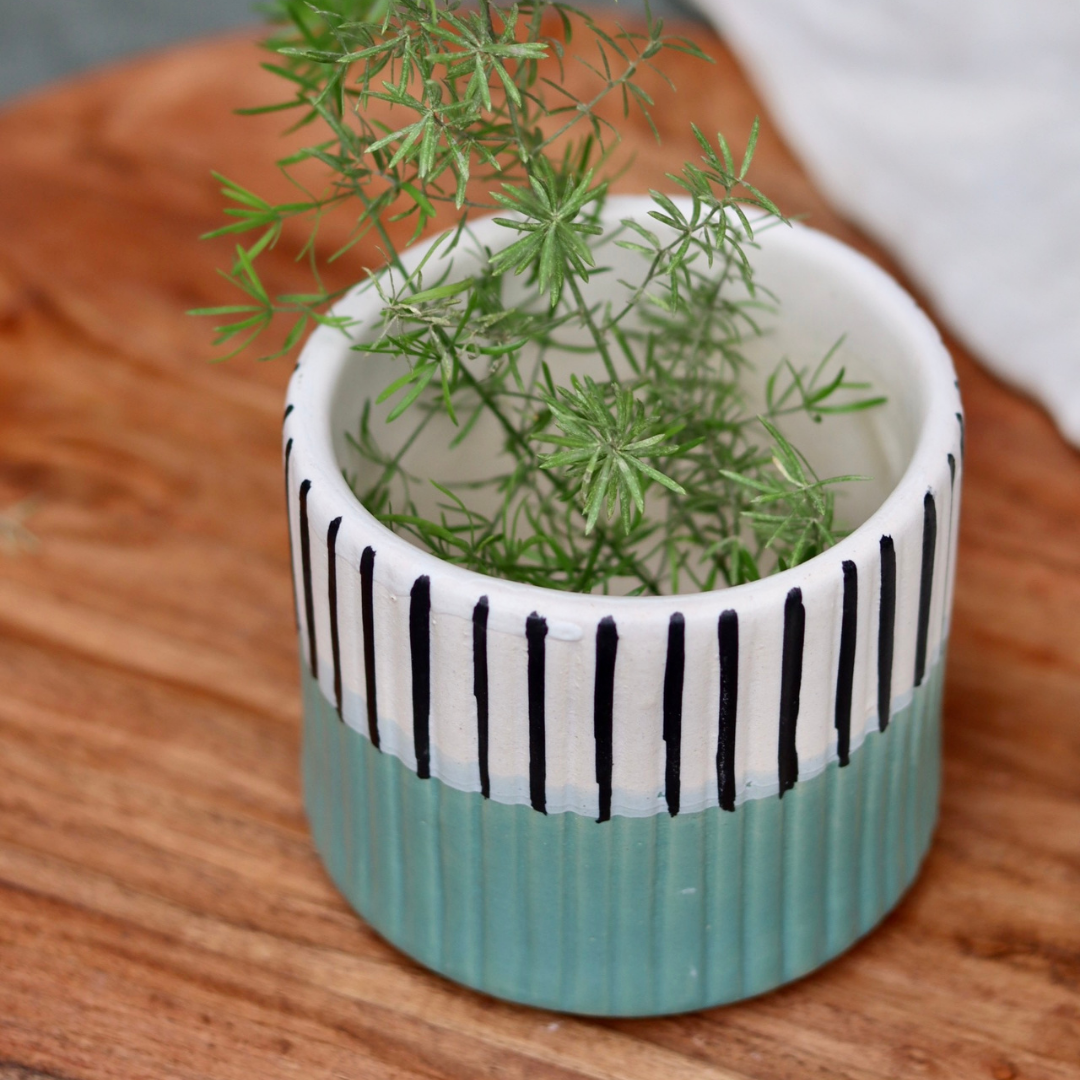 Green & White Lined Planter
