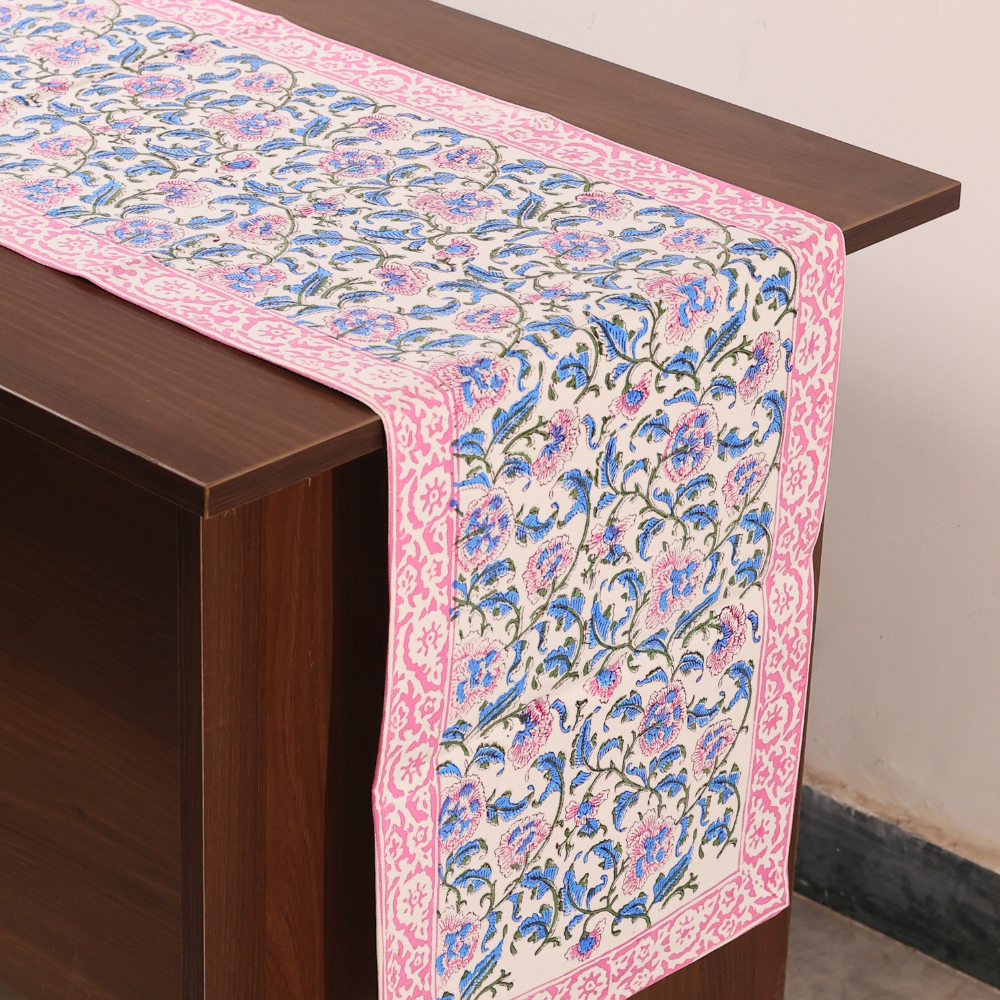 Blue and pink floral table runner
