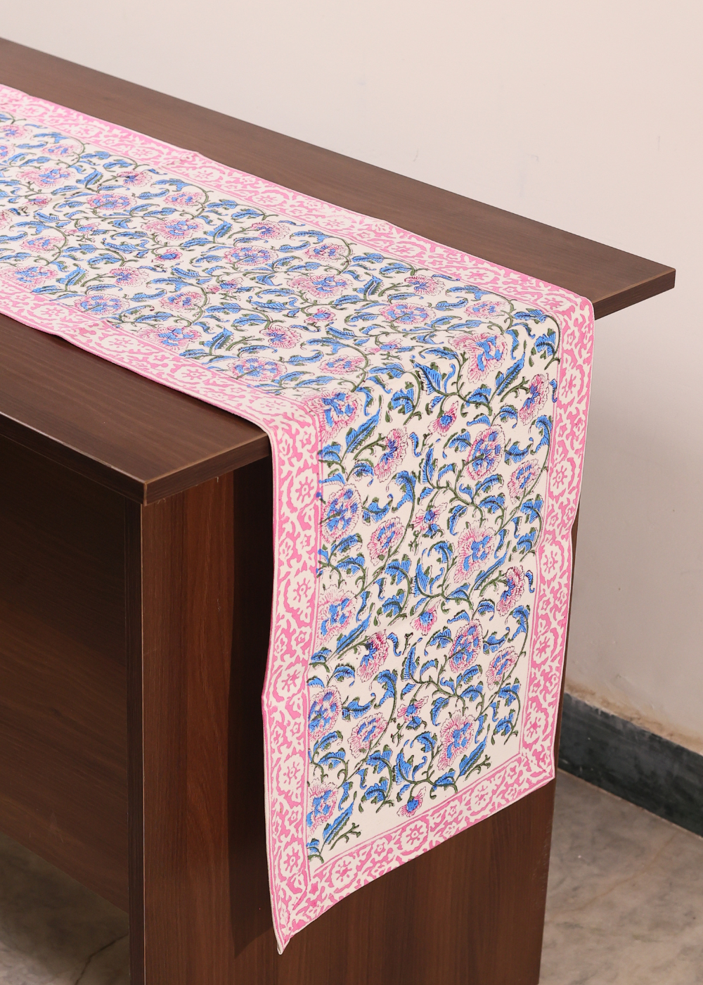 Blue and pink floral table runner