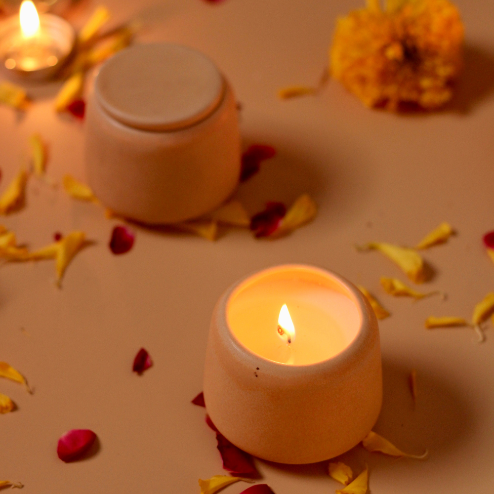 Handmade ceramic yellow mogra candles for home decor & accents 