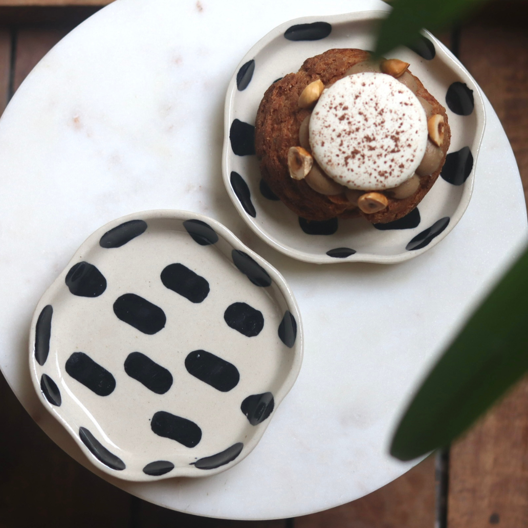 Black blocks handmade dessert plates one having dessert