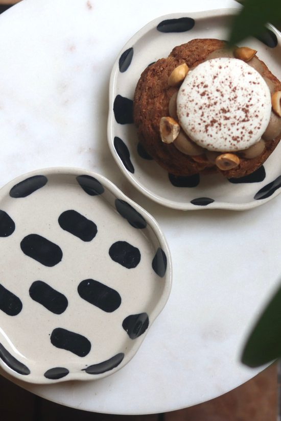 Black blocks handmade dessert plates one having dessert