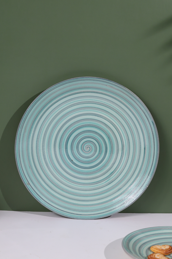 Handmade ceramic green spiral dinner plate 