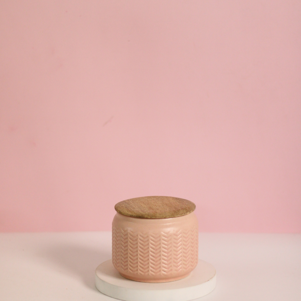 Pink ceramic jar small with wooden lid 
