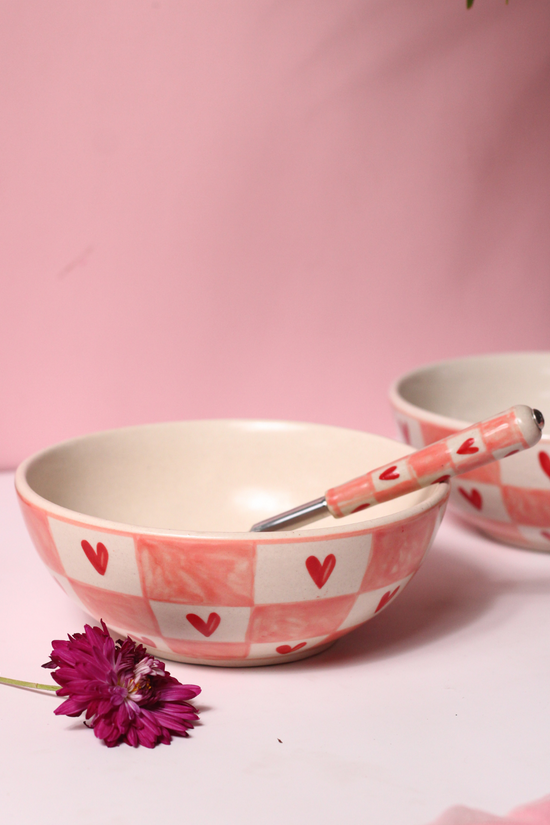 Checkered heart curry bowls with spoon