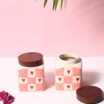 Chequered heart jar with wooden lid