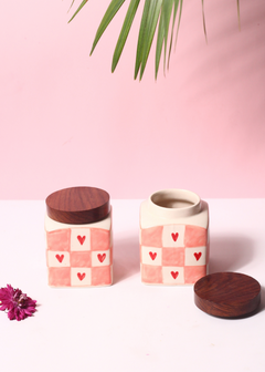 Chequered heart jar with wooden lid