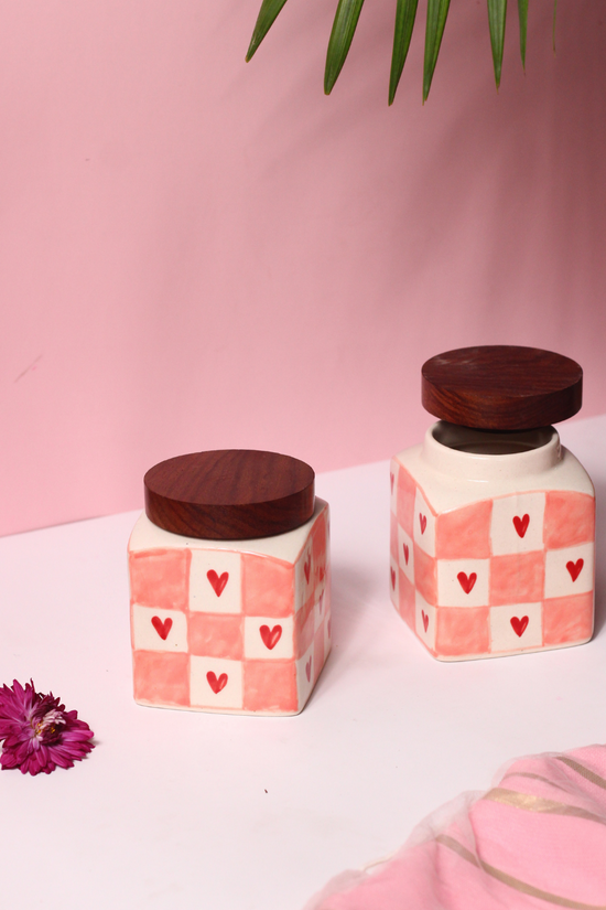 Chequered heart jar handmade ceramic