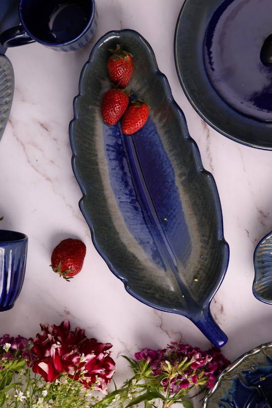 Handmade ceramic royal blue leaf platter
