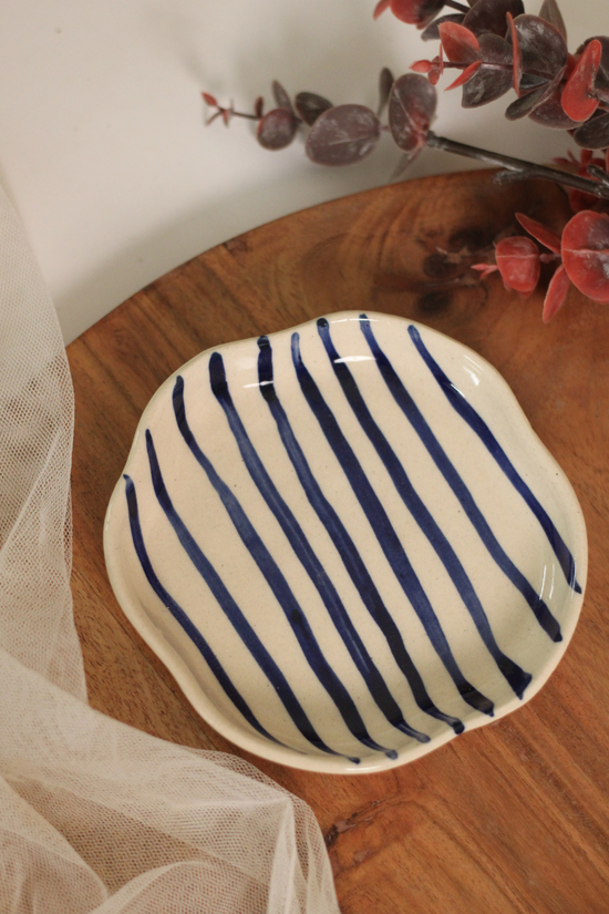 Blue lined handmade ceramic dessert plate 