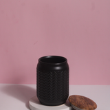 Black storage jar with wooden lid 