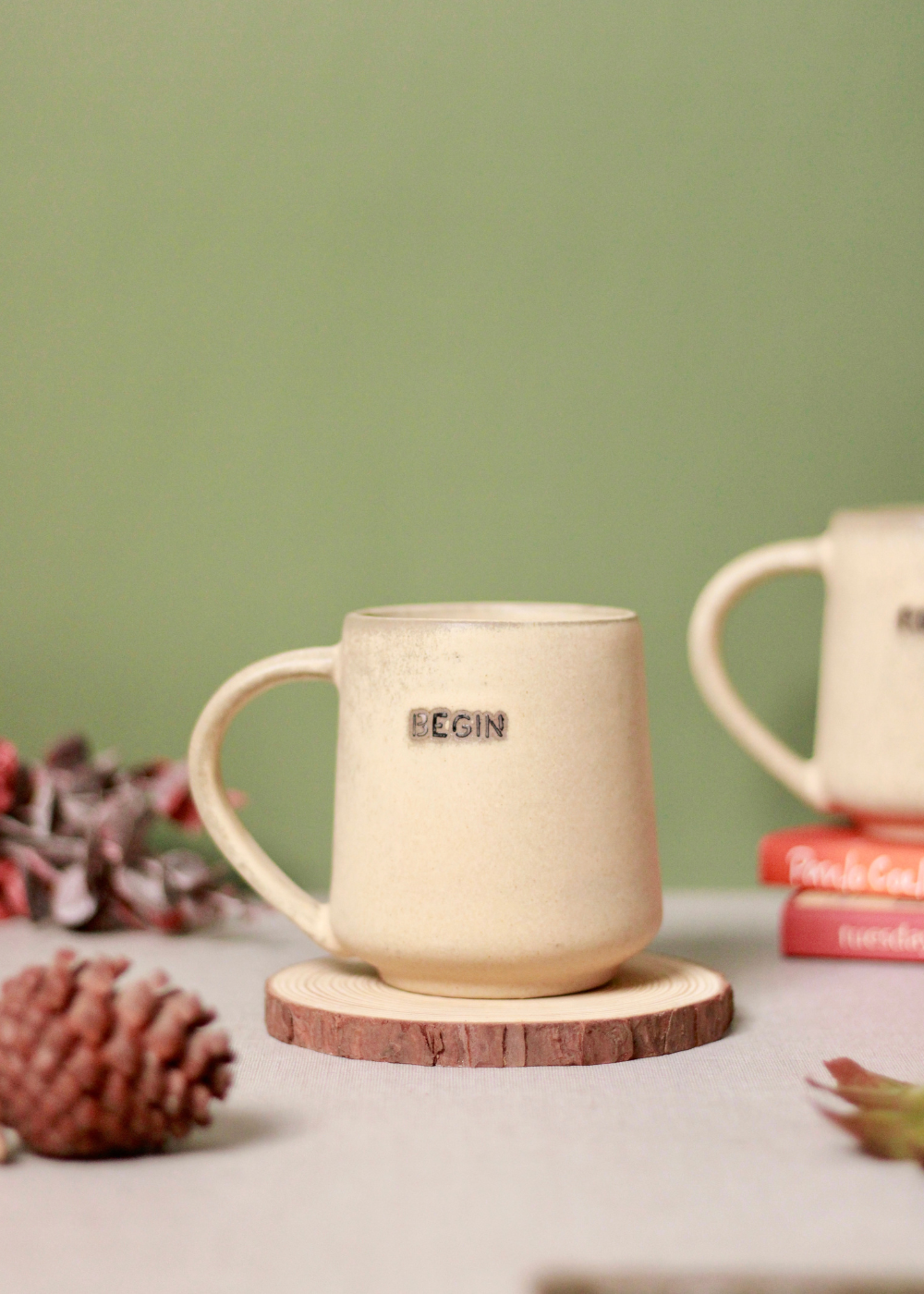 Begin coffee mug on wooden surface 