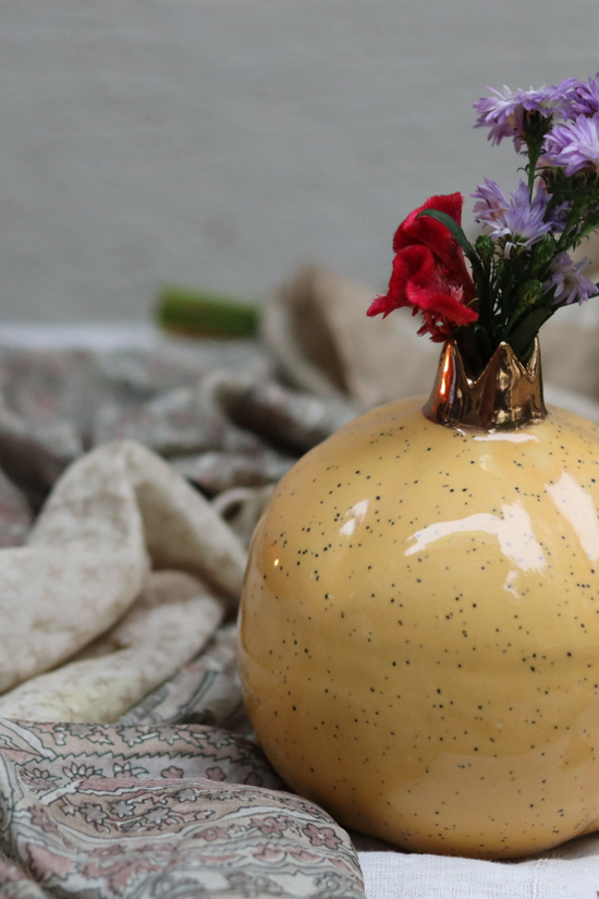 Handmade ceramic anar vase yellow color with flowers