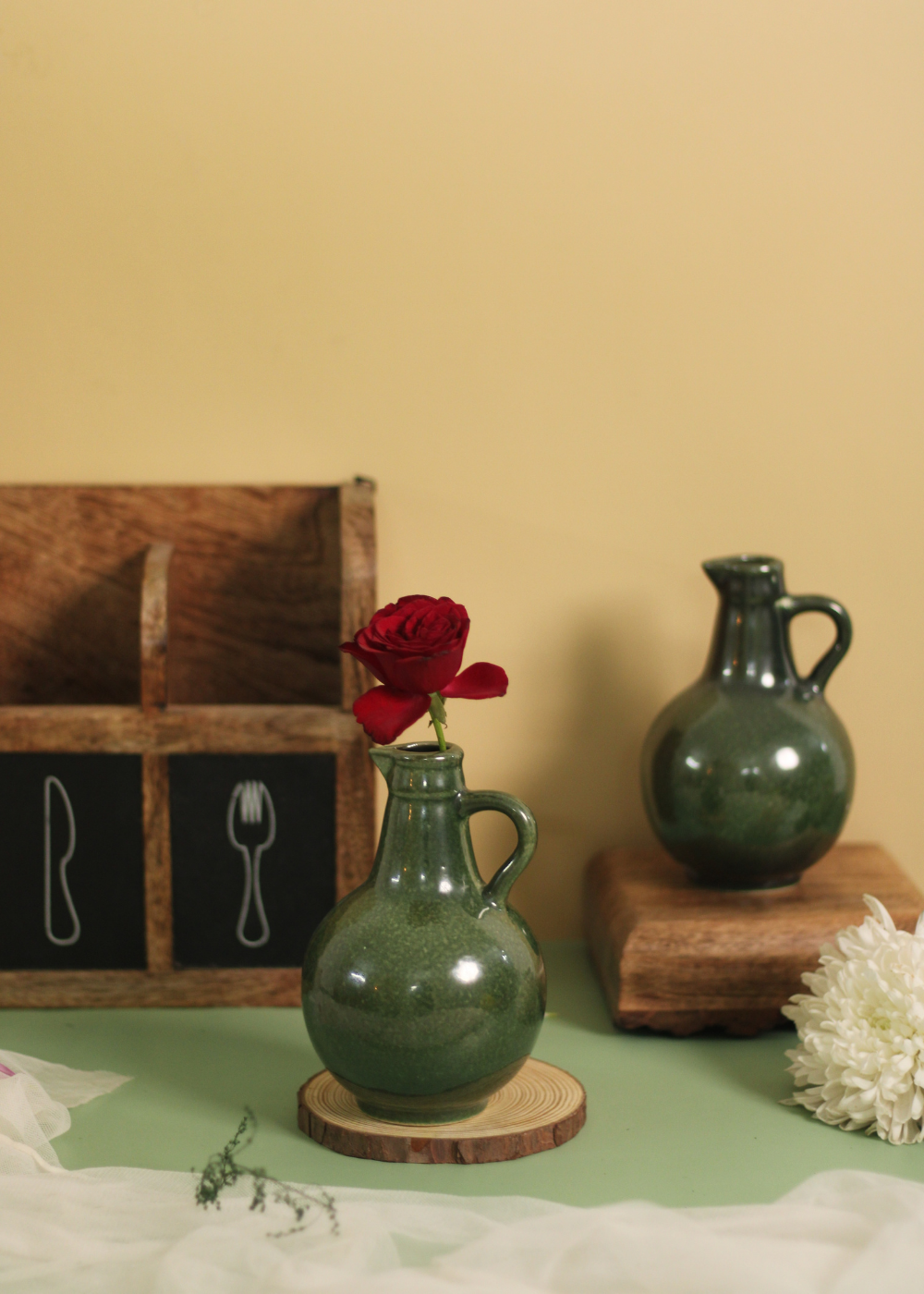 Handmade ceramic green surahi flower pot 