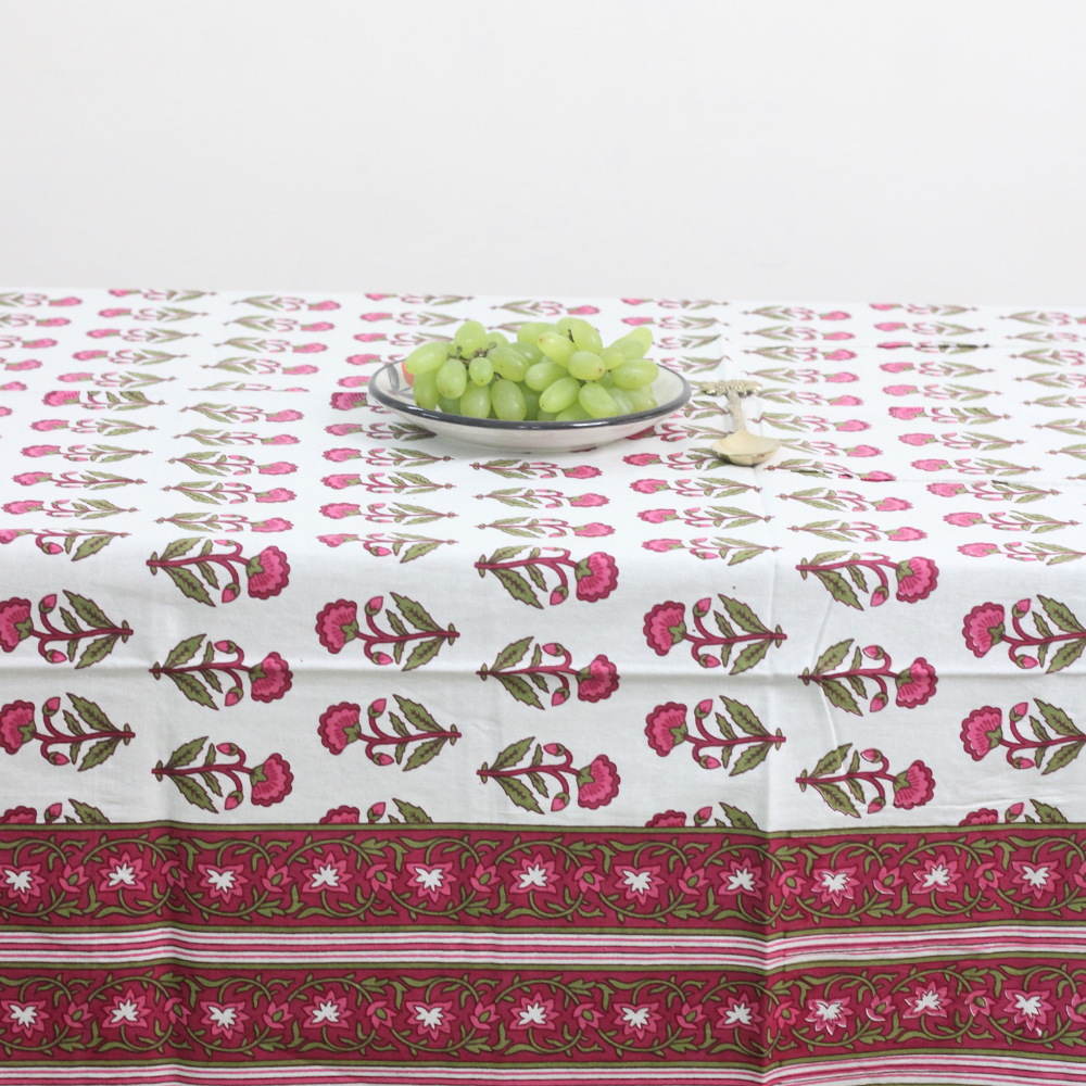 Magenta pink floral table cloth with grapes