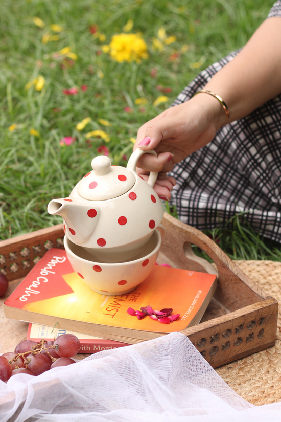 Red polka handmade ceramic tea set for one 