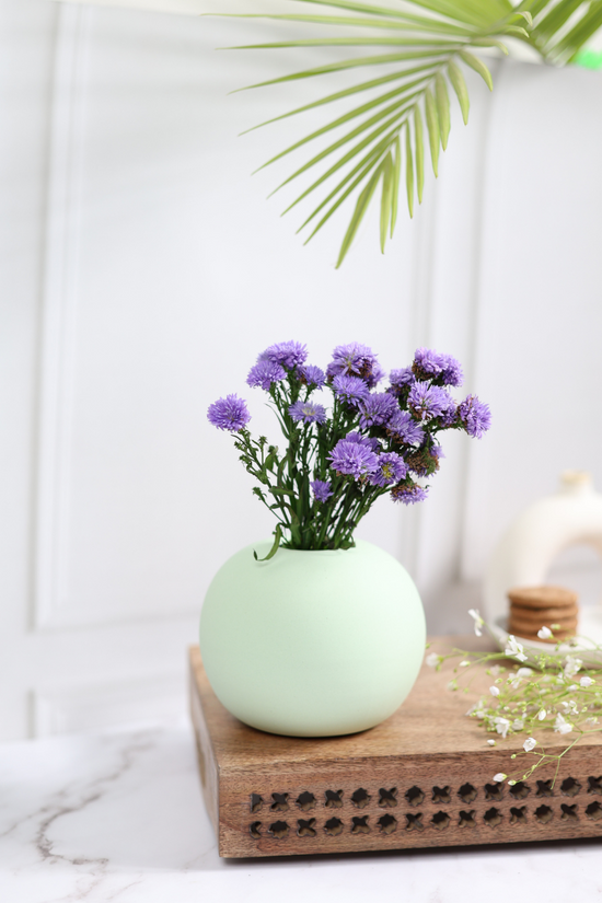 Light green planter on wooden surface 