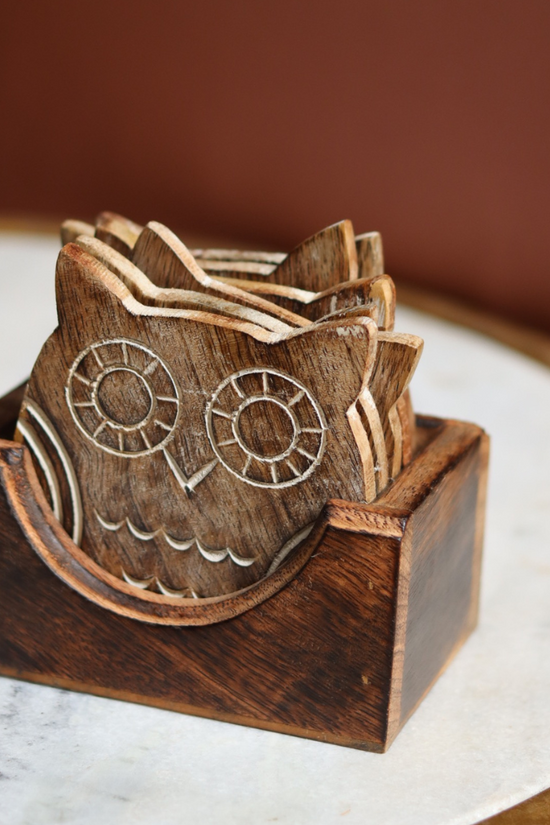 Wood owl coasters with box