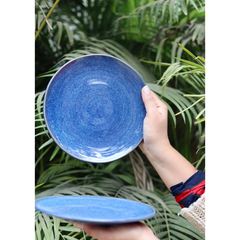 Blue snack plates in hand