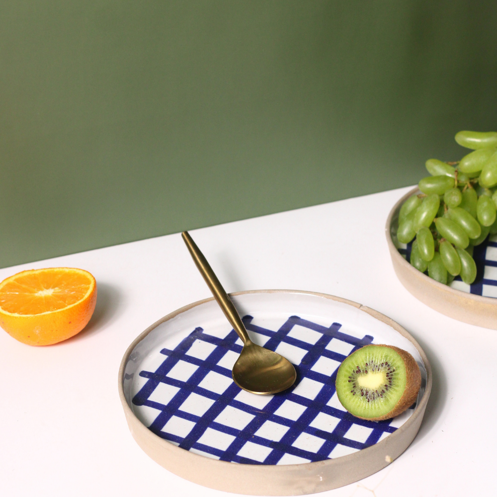 Blue checkered platter with fruits